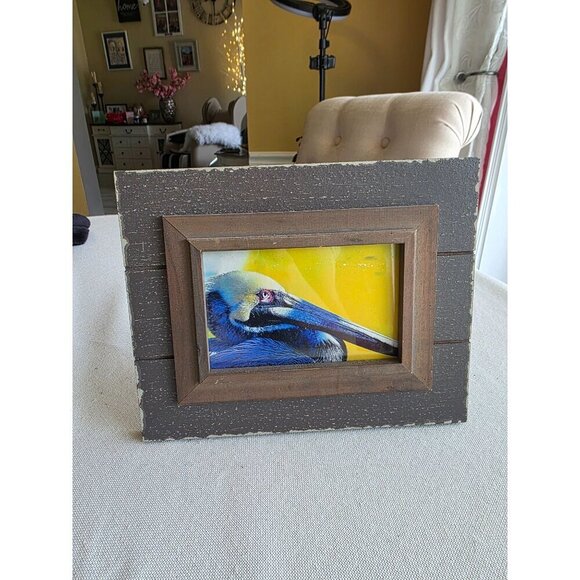 Rustic Brown Wood Picture Frame With Pelican Artwork 7" X 5" Coastal Decor - Picture 2 of 7
